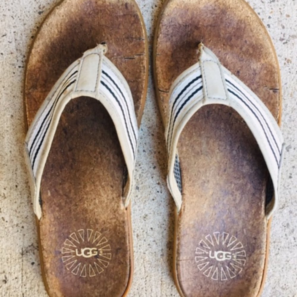 UGG Men's Stripe Flip Flops Thong Seaside Pool Beach Island Cork Sandals